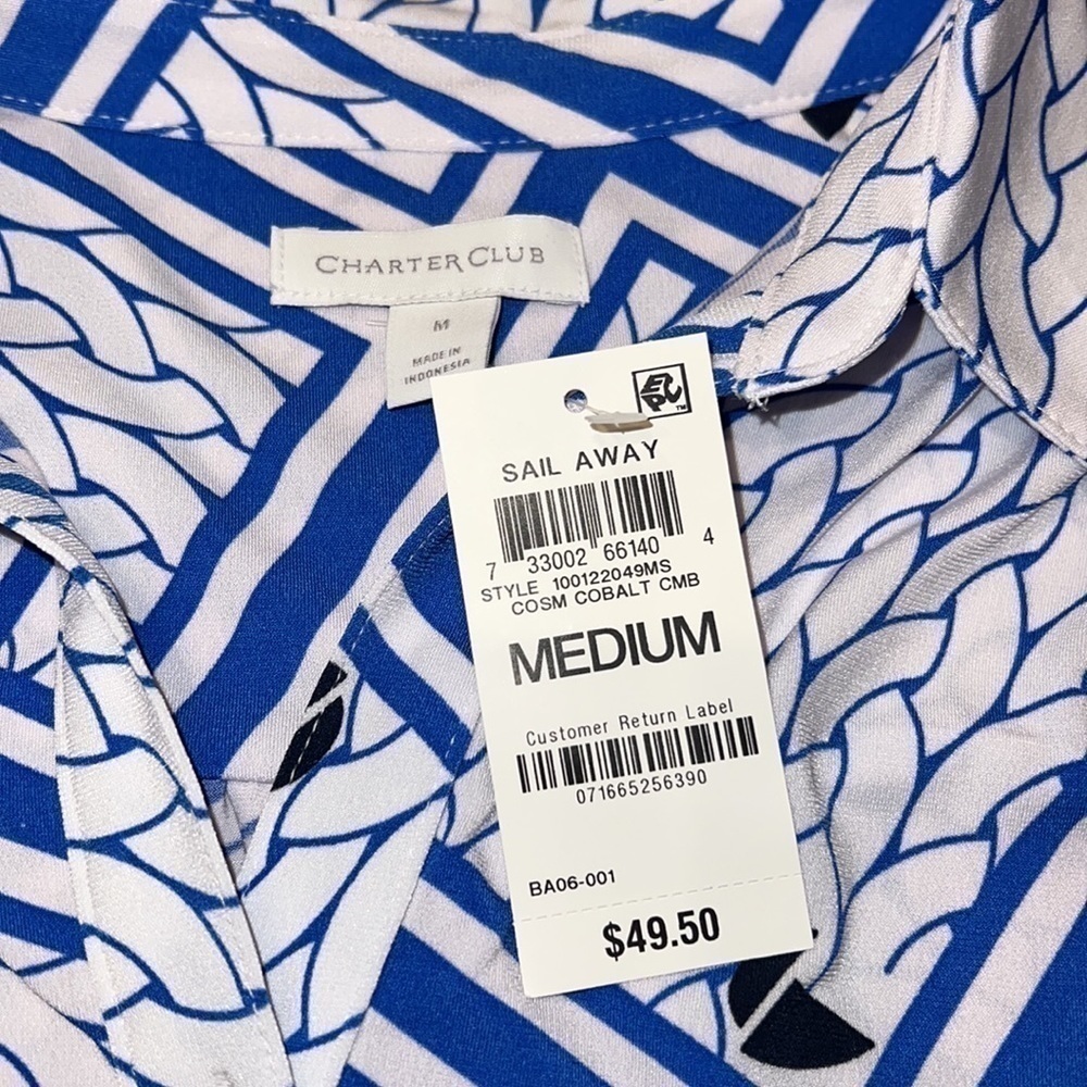 NWT Charter Club silky white and blue button up blouse cap sleeves size medium - Picture 3 of 6